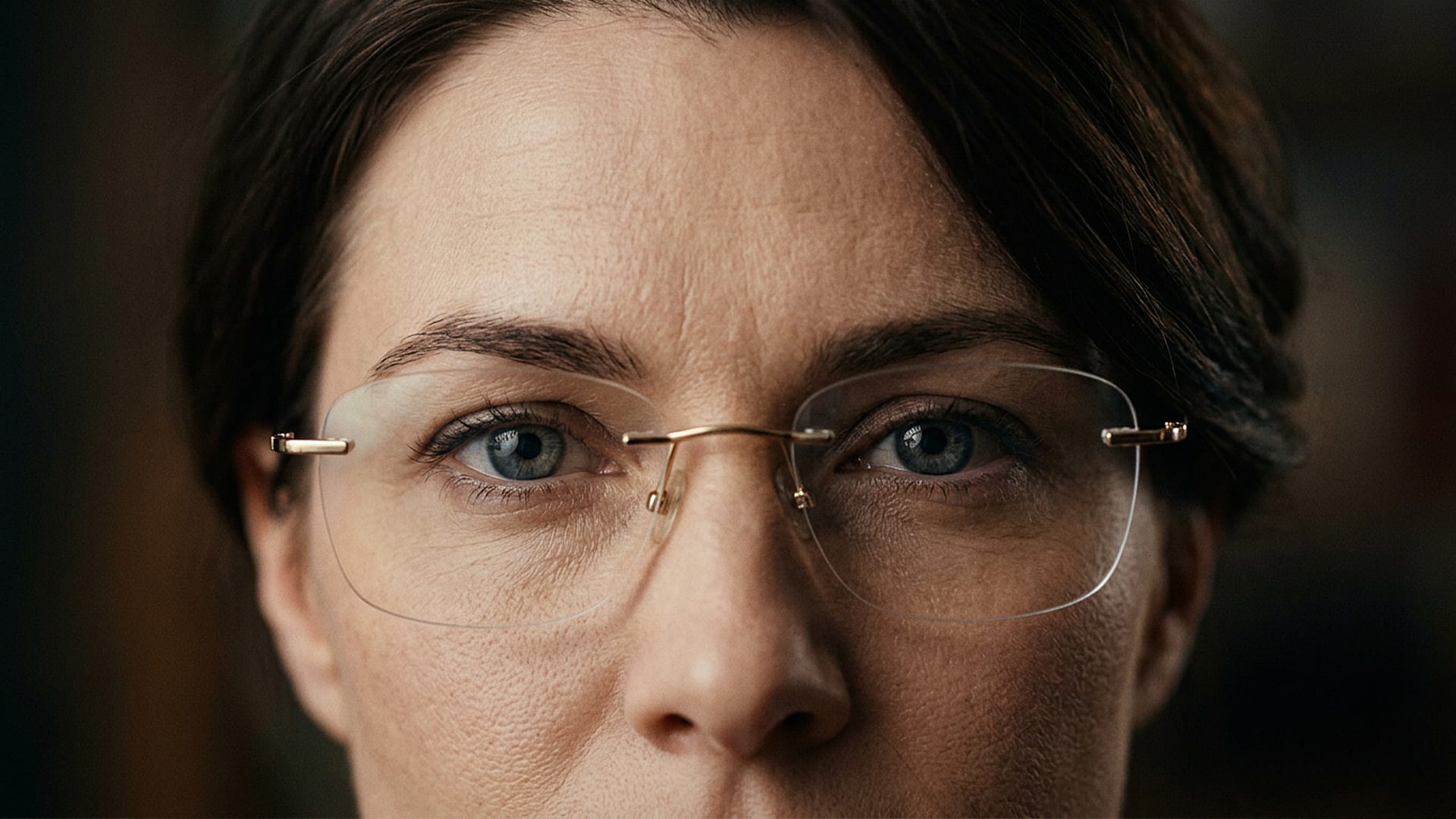 A tight close-up portrait focusing on a person's eyes and clear gold rimless glasses, illustrating the power of eye contact and first impressions in communication.