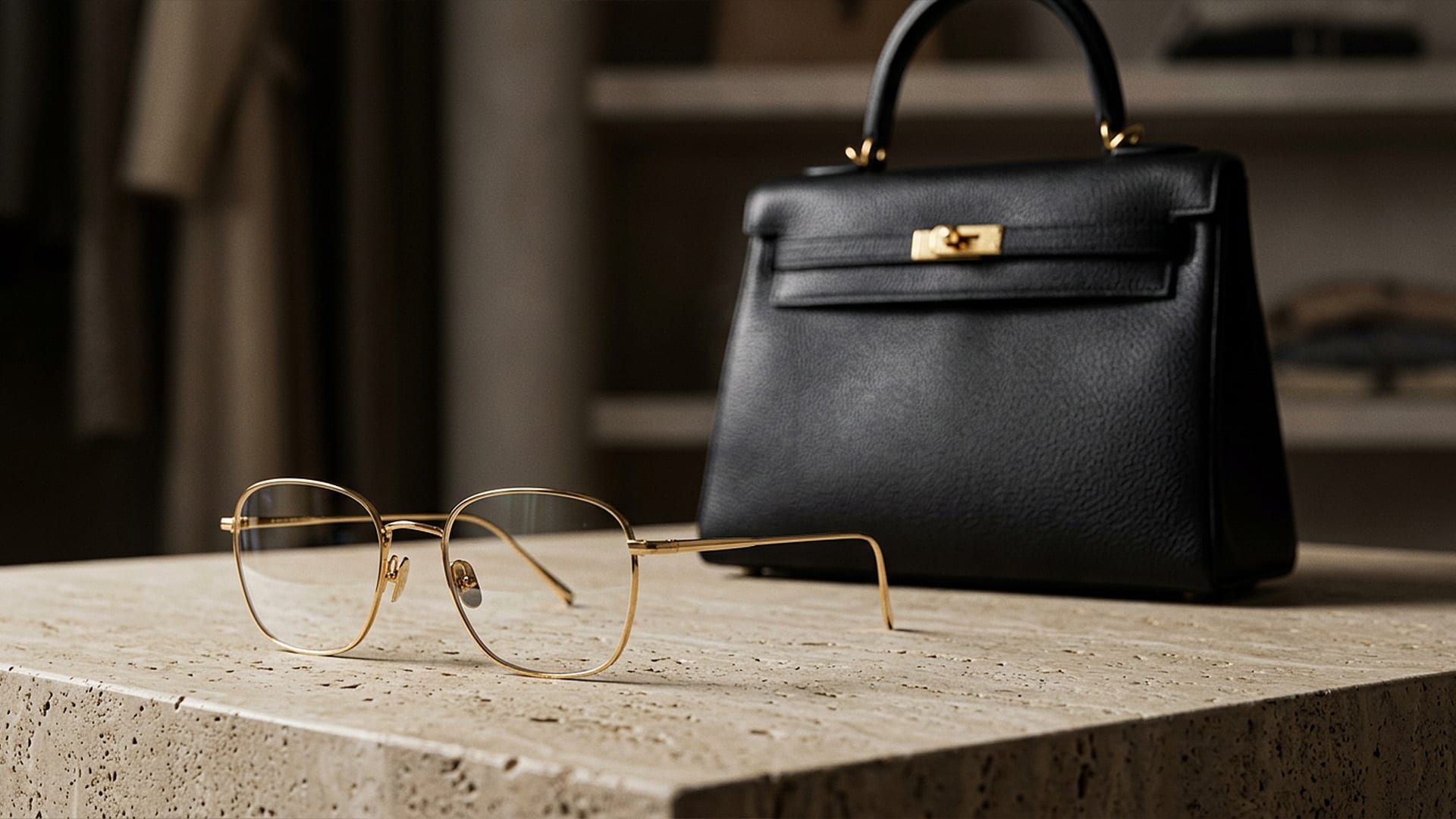 Bespoke gold luxury glasses in sharp focus with a blurred high-end designer leather handbag in the background, symbolizing a smart wardrobe investment.